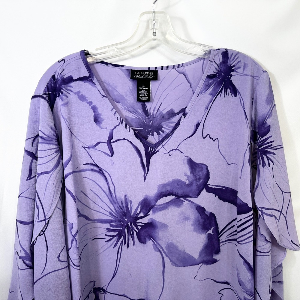 Catherines Plus Size 18/20W Top 1X Purple Floral‎ Dramatic Split Sleeve 793 - Picture 3 of 8